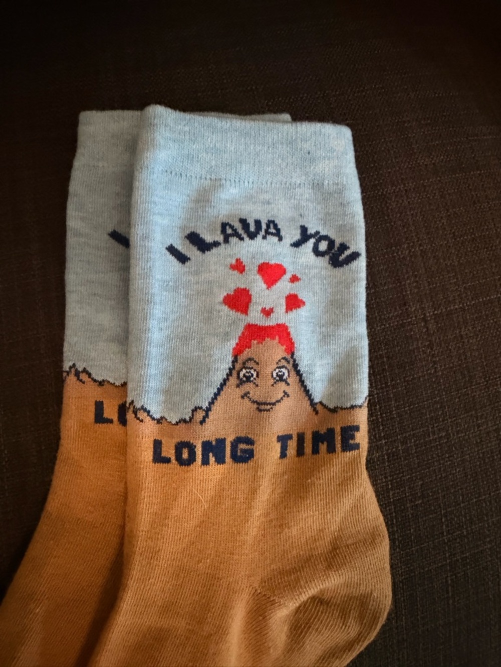 Men's Novelty 'I Lava You' Light Blue and Brown Socks